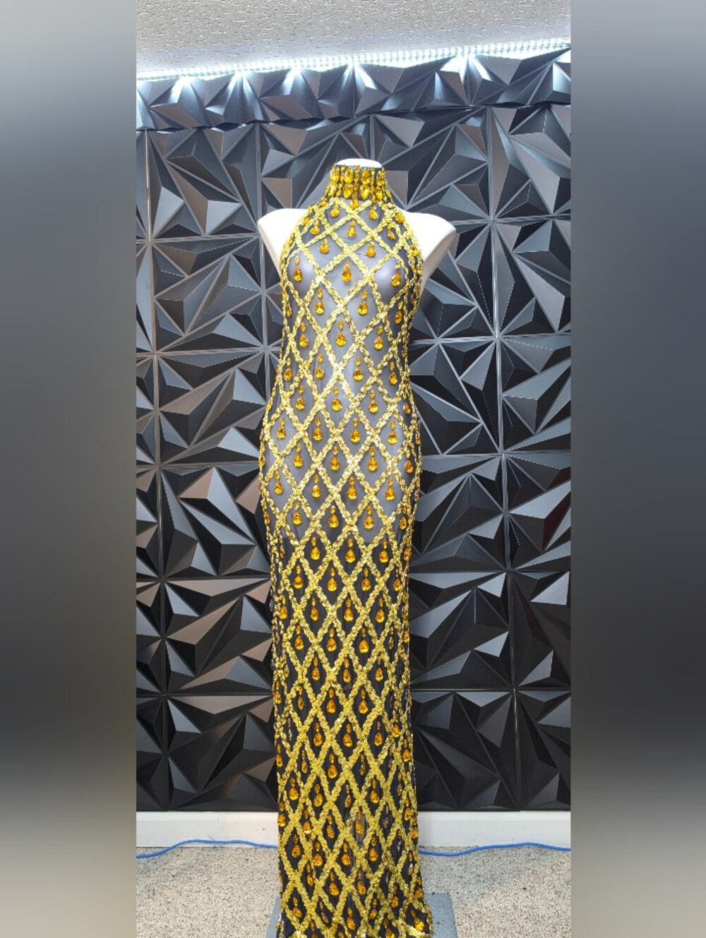 Black Sheer Maxi Dress with Gold Crystal Lattice